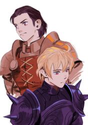  2boys ahoge armor black_eyes black_hair blonde_hair breastplate closed_mouth delita_heiral final_fantasy final_fantasy_tactics gold_armor highres male_focus multiple_boys pauldrons plate_armor prema-ja ramza_beoulve shoulder_armor simple_background spiked_pauldrons spikes upper_body v-shaped_eyebrows white_background 