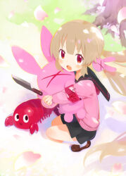  1girl armband black_sailor_collar black_skirt blonde_hair brown_shoes cardigan cherry_blossoms commentary_request day guest_art hair_between_eyes hair_ornament harada_takehito highres holding holding_knife holding_stuffed_toy holding_weapon kneehighs knife loafers long_sleeves looking_at_viewer low_twintails natori_sana natori_sana_(school_uniform) open_mouth outdoors petals pink_cardigan pleated_skirt rabbit_hair_ornament red_armband red_eyes sailor_collar sana_channel school_uniform shoes skirt socks solo squatting stuffed_animal stuffed_rabbit stuffed_toy tree twintails virtual_youtuber weapon white_socks 
