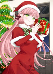  1girl akashi_(christmas)_(kancolle) akashi_(kancolle) blush bow box breasts capelet christmas christmas_tree commentary_request dress fur-trimmed_capelet fur_trim gift gift_box green_eyes hair_ribbon hat holding holding_gift indoors kantai_collection long_hair long_sleeves looking_at_viewer medium_breasts night oyu_(aoba_0054) pink_hair red_capelet red_dress red_ribbon ribbon santa_costume santa_hat smile snowing solo tress_ribbon very_long_hair 