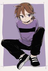  1boy ai-assisted bandit_(kuku88) black_pants black_shoes brown_hair colokhan commentary english_commentary full_body highres light_frown long_sleeves looking_to_the_side male_focus on_ground original pants ponytail powerpuff_girls purple_background purple_shirt shirt shoes short_ponytail sitting violet_eyes white_background white_shoes 