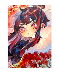  1girl black_hair cape commentary_request fur_collar hair_bun highres impasto library_of_ruina long_hair mochigome_138 painting_(medium) portrait project_moon red_cape red_eyes sidelocks solo traditional_media very_long_hair watercolor_(medium) xiao_(project_moon) 