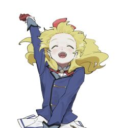  1girl :d ^_^ aikatsu! aikatsu!_(series) arm_up bad_id bad_twitter_id blonde_hair blue_jacket bow breath closed_eyes den_(d02yh_ak) facing_viewer floating_hair hair_bow hairband highres hoshimiya_ichigo jacket long_hair long_sleeves neck_ribbon open_mouth outstretched_arm pleated_skirt red_hairband red_ribbon ribbon school_uniform simple_background skirt smile solo standing starlight_academy_school_uniform white_background white_skirt winter_uniform 