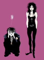  1boy 1girl ankh annoyed bare_shoulders belt black_hair black_jacket black_lips black_pants black_shirt black_shoes closed_eyes death_of_the_endless dream_of_the_endless elbows_on_knees eye_tattoo flat_color ftro goth_fashion grey_shirt hands_in_pockets hands_on_own_head highres jacket legs_folded long_hair messy_hair pale_skin pants purple_background shaded_face shirt shoes short_hair sketch smile squatting squiggle tank_top tattoo the_sandman_(dc) 