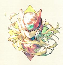  1boy armor black_eyes blonde_hair commentary_request hashibi_rokou helmet long_hair male_focus mega_man_(series) mega_man_zero_(series) red_armor red_helmet solo zero(z)_(mega_man) zero_(mega_man) 