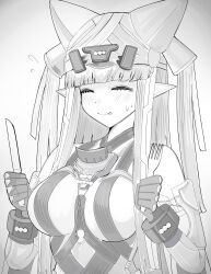  1girl :p absurdres arknights arknights:_endfield blush bodysuit closed_mouth commentary fork greyscale hands_up highres holding holding_fork holding_knife horns horns_through_headwear knife last_rite_(arknights) long_hair long_sidelocks monochrome pointy_ears sidelocks simple_background solo spam_(spamham4506) straight_hair sweatdrop tongue tongue_out upper_body white_background 