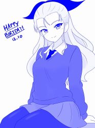  1girl assam_(girls_und_panzer) birthday blue_theme closed_mouth dated dress_shirt english_text girls_und_panzer hair_pulled_back hair_ribbon happy_birthday long_hair long_sleeves looking_at_viewer monochrome necktie pantyhose pleated_skirt ribbon school_uniform shira14 shirt sitting skirt smile solo st._gloriana's_school_uniform sweater v-neck wing_collar 