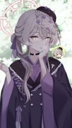  1girl :p absurdres alternate_costume alternate_hairstyle black_choker black_hat black_kimono blue_archive blush brown_hair choker closed_mouth halo hand_on_own_face hands_up hashtag-only_commentary hat highres japanese_clothes kimono long_hair long_sleeves looking_at_viewer nagisa_(blue_archive) nagisa_(new_year)_(blue_archive) pink_halo smile solo tilted_headwear tongue tongue_out twitter_username upper_body wet wide_sleeves ydayluca yellow_eyes 