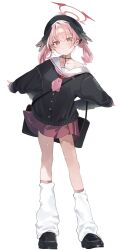  1girl bag beret black_bag black_cardigan black_hat black_shoes black_wings blue_archive blush body_markings cardigan commentary_request crossed_bangs feathered_wings full_body hair_ornament halo hat head_wings higa_(gominami) highres koharu_(blue_archive) leg_warmers loafers long_sleeves low_twintails low_wings medium_hair neckerchief pink_eyes pink_hair pink_neckerchief pleated_skirt red_halo red_skirt sailor_collar shoes shoulder_bag simple_background single_bare_shoulder skirt sleeves_past_wrists smile solo spa standing twintails white_background white_leg_warmers white_sailor_collar wings 