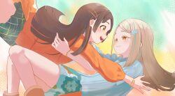  2girls absurdres blonde_hair blue_shirt blue_skirt blue_streaks blush bracelet brown_eyes brown_hair colored_eyelashes commentary_request eye_contact face-to-face feet_out_of_frame gakuen_idolmaster green_background green_skirt hair_ornament hairclip highres hug idolmaster jewelry kuramoto_china laurels leaf_hair_ornament long_hair looking_at_another michinaru_hirogaru_(idolmaster) midair multicolored_hair multiple_girls open_mouth orange_eyes orange_shirt orange_streaks parallel_hairclips parted_bangs shinosawa_hiro shirt shishi_sakana skirt smile streaked_hair yellow_background 