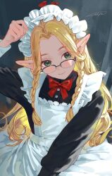  1girl absurdres adjusting_clothes adjusting_headwear alternate_costume apron arm_up bespectacled black_dress blonde_hair blush bow bowtie braid collared_dress commentary dress dungeon_meshi elf elfe_art enmaided forehead frilled_apron frilled_headwear frilled_sleeves frills from_above glasses green_eyes grey_background hair_ornament head_down highres holding light_blush light_smile long_hair looking_at_viewer maid maid_apron maid_headdress marcille_donato pointy_ears red_bow sidelocks signature simple_background sleeve_cuffs smile solo twin_braids upper_body white_apron 