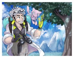  1boy aqua_eyes artist_name artsy-theo binoculars blue_sky border bright_pupils clouds commentary day english_commentary eyewear_on_head facial_hair floating gloves grass grey_hair grey_pants grey_shirt holding holding_binoculars jacket lab_coat light_rays male_focus mew_(pokemon) mountain open_clothes open_jacket outdoors pants pokemon pokemon_(creature) pokemon_go professor_willow shirt short_hair sky smile tree white_border white_jacket white_pupils yellow_gloves 