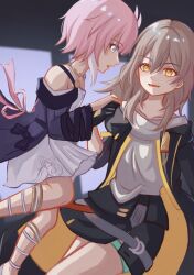  2girls black_coat black_skirt blue_eyes breasts coat commentary_request cyrene_(honkai:_star_rail) cyrene_(philia093)_(honkai:_star_rail) dress grey_hair highres honkai:_star_rail honkai_(series) jewelry medium_hair multicolored_hair multiple_girls necklace pink_hair purple_coat shirataki614 shirt short_hair skirt small_breasts stelle_(honkai:_star_rail) thighs trailblazer_(honkai:_star_rail) two-tone_hair white_dress white_hair white_shirt yellow_eyes 