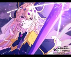  1girl antenna_hair aoi_tete black_bow black_capelet black_dress blonde_hair bow brooch capelet cure_arcana_shadow dress frilled_capelet frills gradient_hair hair_bow hair_intakes heart heart_brooch highres holding holding_staff jewelry long_hair looking_at_viewer magical_girl meitantei_precure! multicolored_hair precure purple_veil staff tear_arcana_rod veil violet_eyes zooming_in 