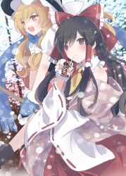  2girls ascot blonde_hair blue_mittens blue_scarf blush bow braid broom broom_riding brown_eyes brown_hair brown_scarf closed_mouth commentary_request detached_sleeves drink_carton frilled_bow frilled_hair_tubes frills hair_bow hair_tubes hakurei_reimu hat hat_bow highres holding holding_juice_box juice_box kirisame_marisa long_hair loveyuzu mittens multiple_girls open_mouth red_bow red_skirt ribbon-trimmed_sleeves ribbon_trim scarf side_braid single_braid skirt skirt_set smile touhou translation_request white_bow witch_hat yellow_ascot yellow_eyes 