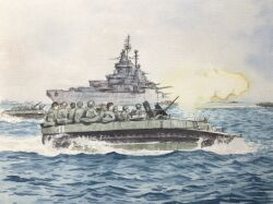  6+boys atelier_bono battleship browning_m2 cannon clouds cloudy_sky commentary_request firing gun heavy_machine_gun highres iwo_jima lvt machine_gun military military_combat_uniform military_uniform military_vehicle multiple_boys ocean original outdoors painting_(medium) photo-referenced ship ship_turret sky smokestack traditional_media united_states_marine_corps united_states_navy uss_west_virginia_(bb-48) vehicle_focus warship watercolor_(medium) watercraft weapon world_war_ii 