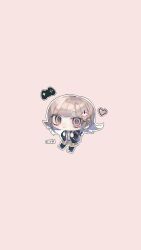  1girl backpack bag black_shirt black_thighhighs blush brown_hair brown_skirt chibi controller danganronpa_(series) danganronpa_2:_goodbye_despair game_controller heart highres jacket medium_hair miniskirt nanami_chiaki nebusokuuuuuuu open_clothes open_jacket pink_eyes pleated_skirt shirt simple_background skirt solo thigh-highs white_shirt 