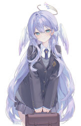  1girl alternate_costume bag black_jacket blazer blue_hair closed_mouth collared_shirt cowboy_shot face_jewel halo head_wings highres holding holding_bag honkai:_star_rail honkai_(series) jacket jewel_under_eye long_hair long_sleeves looking_at_viewer necktie rering robin_(honkai:_star_rail) school_bag school_uniform shirt simple_background skirt smile solo very_long_hair white_background white_shirt wings 