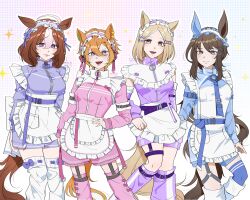  4girls absurdres admire_vega_(umamusume) ahoge animal_ears apron blonde_hair blue_jacket blue_shorts blush breasts brown_hair closed_mouth commentary double-parted_bangs ear_covers english_commentary frilled_apron frills hair_between_eyes hairband highres horse_ears horse_girl horse_tail jacket jersey_maid leg_warmers long_hair long_sleeves looking_at_viewer loose_socks low_ponytail maid medium_breasts medium_hair meisho_doto_(umamusume) mochiwasabii multicolored_hair multiple_girls narita_top_road_(umamusume) open_mouth orange_hair orange_tail pink_jacket pink_shorts ponytail purple_jacket purple_shorts short_hair shorts single_ear_cover small_breasts smile socks t.m._opera_o_(umamusume) tail thigh_strap track_jacket two-tone_hair umamusume unconventional_maid violet_eyes waist_apron white_apron white_hair 