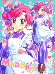 1girl :o aikatsu! aikatsu!_(series) amahane_madoka apron blue_background blue_bow blue_eyes boots bow brown_boots character_name commentary frilled_apron frills full_body hair_bow hand_up highres japanese_clothes kashiwagi_hirono kimono long_hair long_sleeves looking_at_viewer outline petals pink_hair purple_kimono solo standing twintails untranslatable_commentary white_apron white_outline zoom_layer 