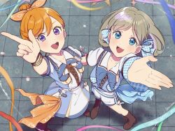  2girls :d arm_up blue_bow blue_dress blue_eyes blue_shirt boots bow breast_pocket brown_boots brown_hair collarbone commentary_request cross-laced_clothes cross-laced_dress cross-laced_top dress from_above full_body gingham_bow hair_bow hair_bun kyaku_tasu lace-up_boots looking_at_viewer love_live! love_live!_superstar!! multiple_girls open_mouth open_the_gate!!!_(love_live!) orange_hair pocket shibuya_kanon shirt shorts single_hair_bun smile tang_keke teeth unmoving_pattern upper_teeth_only violet_eyes watermark white_shorts 