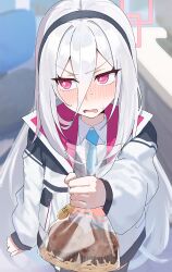  1girl absurdres averting_eyes black_hairband black_jacket blue_archive blue_necktie blush cake chocolate_cake collared_shirt commentary_request cupcake embarrassed food grey_hair hair_between_eyes hairband halo highres incoming_food jacket kashio_(92984798) kei_(blue_archive) kei_(new_body)_(blue_archive) long_hair long_hair_between_eyes long_sleeves looking_to_the_side necktie open_clothes open_jacket pink_eyes shirt sidelocks solo standing sweat upper_body v-shaped_eyebrows valentine very_long_hair white_jacket white_shirt 