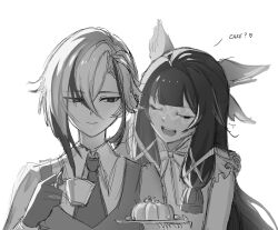  2girls arlecchino_(genshin_impact) blush bow bowtie closed_mouth collared_shirt columbina_(genshin_impact) commentary cup english_commentary eye_mask genshin_impact greyscale hair_between_eyes hair_ribbon head_wings highres holding holding_cup long_hair mask memxcll monochrome multicolored_hair multiple_girls necktie open_mouth ribbon shirt short_hair simple_background sketch smile streaked_hair symbol-shaped_pupils teeth twitter_username upper_body upper_teeth_only white_background wings x-shaped_pupils 
