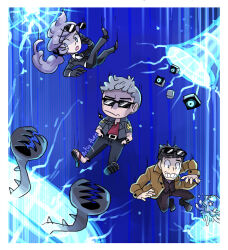  1girl 2boys anabel_(pokemon) aqua_eyes artist_name artsy-theo belt black_belt black_gloves black_hair black_jacket black_pants black_sandals black_shoes black_suit border bracelet brown_jacket brown_pants brown_suit brown_vest closed_mouth commentary eyelashes eyewear_on_head falling gloves grey_hair grey_jacket guzzlord hands_in_pockets jacket jewelry long_hair long_sleeves looker_(pokemon) motion_lines multiple_boys nanu_(pokemon) necklace nihilego open_clothes open_jacket open_mouth pants pokemon pokemon_(creature) pokemon_sm ponytail purple_hair sandals shoes short_sleeves stakataka suit suit_jacket sunglasses teeth vest white_border wormhole 