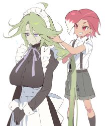  2girls :d age_difference ahoge alternate_costume apron asymmetrical_bangs bad_id bad_twitter_id bare_arms behind_another belt black_belt black_dress black_gloves black_socks breasts buttons child closed_mouth collared_shirt colored_tips cookie_run cookie_run:_witch's_castle cowboy_shot crossdressing crossdressing_(ftm) denim denim_shorts dot_nose dress enmaided expressionless eyes_visible_through_hair feet_out_of_frame flying_sweatdrops frilled_apron frills gloves green_hair grey_shorts grin hair_behind_ear hair_flaps hands_up headdress highres humanization juliet_sleeves kneehighs large_breasts light_blush long_hair long_sleeves looking_at_another maid maid_apron maid_headdress multicolored_hair multiple_girls neck_ribbon ohta_guk_hip own_hands_together playing_with_another's_hair puffy_sleeves purple_ribbon radish_cookie red_eyes red_hair ribbon rosemary_cookie shirt short_hair shorts siblings sidelocks simple_background sisters smile socks standing suspender_shorts suspenders tomboy tsurime two-tone_hair v_arms very_long_hair violet_eyes waist_apron white_apron white_background white_headdress white_shirt 