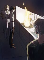  3boys arm_at_side belt black_belt black_hair black_pants black_shirt black_shoes blonde_hair blue_eyes burning cape chaldea_uniform chocolate_making_disaster_(meme) closed_mouth commentary crossed_arms expressionless fate/grand_order fate_(series) feathers fire frying_pan fujimaru_ritsuka_(male) grey_hair hair_between_eyes highres indoors jacket kadoc_zemlupus kirschtaria_wodime kitchen long_hair long_sleeves looking_at_another male_focus meme multiple_boys pants parted_bangs shirt shoes shop short_hair side_cape spatula standing suit twitter_username umikame white_cape white_feathers white_jacket white_pants white_shoes white_suit 