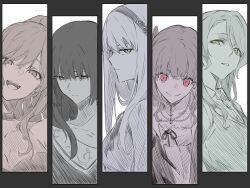  5girls absurdres bang_dream! bang_dream!_girls_band_party! brown_eyes brown_hair closed_mouth column_lineup commentary_request earrings hair_between_eyes hairband highres hikawa_sayo imai_lisa jewelry kanade_(kanade_3344) long_hair long_hair_between_eyes minato_yukina multiple_girls multiple_monochrome open_mouth red_eyes roselia_(bang_dream!) shirokane_rinko smile teeth udagawa_ako upper_teeth_only violet_eyes 