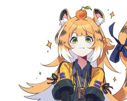  1girl animal_ear_fluff animal_ears bow closed_mouth colored_inner_hair fang food food_on_head fruit fruit_on_head green_eyes grey_shirt hashtag-only_commentary j3_789 jacket ju_fufu long_hair looking_at_viewer mandarin_orange multicolored_hair object_on_head shirt simple_background solo sparkle striped_fur striped_hair tail tail_bow tail_ornament tiger_ears tiger_girl tiger_stripes tiger_tail upper_body white_background yellow_jacket zenless_zone_zero 