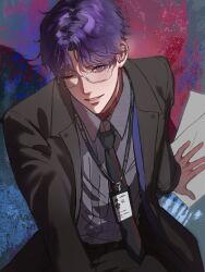  1boy bespectacled black_jacket black_necktie clenched_teeth collared_shirt commentary from_above glasses grey_shirt highres id_card jacket lanyard lapels lips long_sleeves looking_at_viewer love_and_deepspace male_focus mimi_(mimievol10) necktie official_alternate_costume one_eye_closed open_clothes open_jacket paper parted_bangs parted_lips purple_hair rafayel_(love_and_deepspace) shirt short_hair smile solo teeth violet_eyes wing_collar 