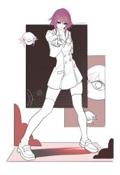  1girl absurdres chaos;child commentary_request full_body hekiho_academy_school_uniform highres loafers long_sleeves looking_at_viewer miseqi monochrome onoe_serika pink_hair pointing pointing_at_viewer school_uniform science_adventure shoes short_hair smile solo spot_color standing thigh-highs 