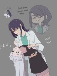  2girls anger_vein black_shirt blue_shirt cho_kaguya-hime! closed_mouth commentary dolphin_shorts english_commentary english_text green_eyes grey_background grey_hair hickey highres lab_coat linraechi lipstick long_hair makeup medium_hair mole mole_under_eye multiple_girls pink_shorts purple_hair runami_yachiyo sakayori_iroha shirt shorts simple_background smeared_lipstick yuri 