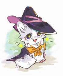  all_fours animalization elaina_(majo_no_tabitabi) furrification furry hat highres looking_at_viewer majo_no_tabitabi naked_robe ribbon robe s.in simple_background solo sparkling_eyes tail touhou violet_eyes white_fur witch_hat yellow_ribbon 