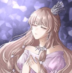  1girl bare_shoulders blonde_hair closed_eyes closed_mouth collarbone commentary crown diamond_hair_ornament diamond_necklace dress english_commentary eyelashes flower hands_on_own_chest highres krista_(shining_nikki) light_blush light_frown light_particles lipstick long_hair long_sidelocks makeup mini_crown multi-tied_hair nikki_(series) nonoberry22 off-shoulder_dress off_shoulder own_hands_together pendant_earring pink_lips pointy_nose puffy_short_sleeves puffy_sleeves purple_background purple_dress purple_flower sad shining_nikki short_sleeves sidelocks silver_crown solo upper_body very_long_hair 