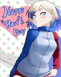  1girl alternate_costume blonde_hair blue_eyes blue_hair blue_jacket commentary_request english_text gradient_hair heart jacket jean_bart_(kancolle) kantai_collection looking_at_viewer mole mole_under_eye multicolored_hair multicolored_jacket nekotarou_(nktr299) pale_skin red_jacket short_hair solo upper_body white_jacket 