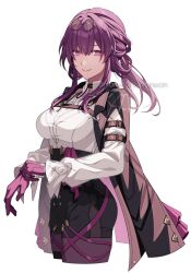  1girl animal_print artist_name black-framed_eyewear black_choker black_jacket black_shorts breasts butterfly_pin buttons choker clenched_hand collared_shirt commentary_request cowboy_shot eyewear_on_head gloves hair_between_eyes high-waist_shorts highres honkai:_star_rail honkai_(series) jacket jewelry kafka_(honkai:_star_rail) lapels large_breasts long_hair long_sleeves low_ponytail multiple_rings open_clothes open_jacket pantyhose pink_jacket pink_lips pink_pupils pochimaru_(marumaru_wanwan) ponytail puffy_long_sleeves puffy_sleeves purple_gloves purple_hair purple_pantyhose ring round_eyewear shirt shorts sidelocks simple_background solo spider_print spider_web_print standing sunglasses thigh_strap two-sided_fabric two-sided_jacket violet_eyes white_background white_shirt 