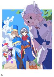  5girls :3 =_= bang_dream! bang_dream!_it's_mygo!!!!! black_hair black_pantyhose blue_capelet border brown_eyes brown_gloves brown_hair capelet chihaya_anon clouds commentary_request dress fang gloves grey_eyes grey_hair grey_pantyhose hat helmet highres holding holding_staff kaname_raana knight long_hair multiple_girls mygo!!!!!_(bang_dream!) nagasaki_soyo open_mouth ora_(oraora_oekaki) pantyhose pink_hair purple_dress purple_hat shiina_taki short_hair sleeping staff takamatsu_tomori white_border white_hair witch 