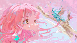  1girl blue_butterfly blue_sky brown_eyes bubble bug butterfly cherry_blossoms chinese_commentary commentary_request day eyelashes floating_hair highres infinity_nikki julijuqi_de_maomao_chong lipstick long_hair looking_at_animal makeup nikki_(nikki) nikki_(series) nostrils outdoors parted_lips pink_hair pink_lips pointy_nose portrait signature sky spring_(season) tree very_long_hair water_drop 