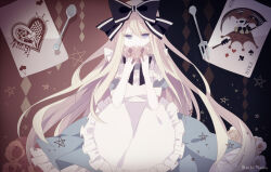  1girl ace_(playing_card) alice's_adventures_in_wonderland alice_(alice_in_wonderland) apron artist_name black_ribbon blonde_hair blue_dress blue_eyes card commentary dress english_commentary filiananna flower fork hair_ribbon holding holding_card joker_(playing_card) long_hair neck_ribbon playing_card ribbon rose solo spoon star_(symbol) white_apron 