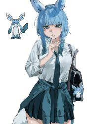  1girl animal_ears bag bag_charm blue_bag blue_hair blue_nails blue_necktie blue_skirt blush breasts charm_(object) clothes_around_waist collared_shirt cowboy_shot finger_to_mouth glaceon hand_up highres jacket jacket_around_waist long_finger medium_breasts microskirt nail_polish necktie pleated_skirt pokemon raberu_ruru school_uniform shirt short_hair shoulder_bag shushing sidelocks simple_background skirt sleeves_rolled_up slit_pupils smile solo tail thighs white_background 