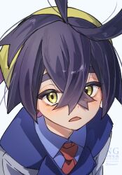  1boy blue_shirt blueberry_academy_school_uniform collared_shirt commentary_request crossed_bangs double-parted_bangs hairband highres jacket kieran_(pokemon) lapels looking_at_viewer male_focus necktie nenuenu open_mouth pokemon pokemon_sv red_necktie school_uniform shirt simple_background solo triangle_mouth watermark white_background white_jacket wing_collar yellow_eyes yellow_hairband 