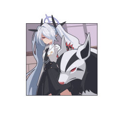  1girl absurdres armband black_necktie black_ribbon black_skirt blue_archive color_connection commentary_request crossover dark-skinned_female dark_skin grey_hair hair_over_one_eye hair_ribbon halo highres iori_(blue_archive) long_hair mightyena miniskirt necktie pleated_skirt pointy_ears pokemon pokemon_(creature) purple_halo red_armband red_eyes ribbon skirt toucho3691 twintails very_long_hair 