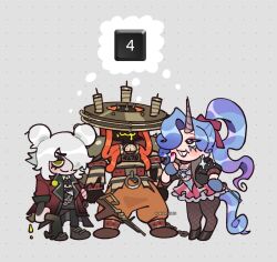  burnt celeste_(deadlock) clothing_cutout coil cuffs cutout_above_navel deadlock_(game) double_bun gameplay_ability gameplay_mechanics graves_(deadlock) green_eyes hair_bun headpiece highres holding_baton holding_limb horns jacket jewelry l0verseyes multiple_girls necklace orange_pants pants prison_clothes prisoner school_uniform seven_(deadlock) severed_hand shackles single_horn skull_necklace speech_bubble stomach_tattoo studded_jacket sun_symbol sun_tattoo tattoo thought_bubble unicorn unicorn_girl unicorn_horn white_hair 