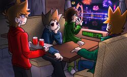  4boys :d :o animification antenna_hair bandage_on_cheek black_pants blue_hoodie blue_pants blush brown_hair brown_pants can ccai25 chinese_commentary chinese_text cola commentary_request curtains denim drawstring drink_can edd_(eddsworld) eddsworld english_text fewer_digits film_grain fireworks flipped_hair green_eyes green_hoodie green_jacket green_shoes grey_eyes guangzhou hair_behind_ear hair_ears hand_on_window happy_new_year head_on_hand head_rest highres holding holding_tray hollow_eyes hood hood_down hoodie indoors jacket jeans long_sleeves male_focus matt_(eddsworld) mixed-language_text multiple_boys new_year open_mouth orange_hair pants plain_epaulettes purple_hoodie red_hoodie shoes short_hair signature sitting smile sneakers spiky_hair standing table tom_(eddsworld) tord_(eddsworld) translation_request tray window 