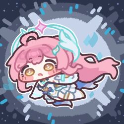  1girl aemeath_(wuthering_waves) ahoge blush_stickers chibi chibi_only commentary_request floating full_body grey_background halo korean_commentary leotard long_hair monyami no_nose open_mouth pink_hair solo very_long_hair white_leotard wuthering_waves yellow_eyes 