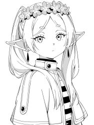  1girl capelet earrings elf frieren greyscale head_wreath highres jewelry long_hair monochrome niyane parted_bangs parted_lips pointy_ears shirt simple_background solo sousou_no_frieren striped_clothes striped_shirt teardrop_earrings thick_eyebrows twintails upper_body white_background 