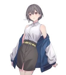  1girl absurdres bang_dream! bang_dream!_it's_mygo!!!!! belt blue_jacket breasts brown_eyes collared_shirt commentary_request dress_shirt earrings grey_hair grey_skirt highres jacket jewelry kanade_(kanade_3344) looking_at_viewer medium_breasts off_shoulder open_clothes open_jacket open_mouth shirt shirt_tucked_in short_hair simple_background single_earring skirt solo takamatsu_tomori white_background white_shirt yellow_belt 