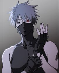  1boy adjusting_clothes adjusting_gloves black_eyes black_gloves commentary_request fingerless_gloves gloves gradient_background grey_hair hatake_kakashi heterochromia highres korean_commentary male_focus mask mouth_mask naruto_(series) naruto_shippuuden red_eyes sawgak scar scar_across_eye scar_on_face sharingan shirt sleeveless sleeveless_shirt sleeveless_turtleneck solo turtleneck upper_body 